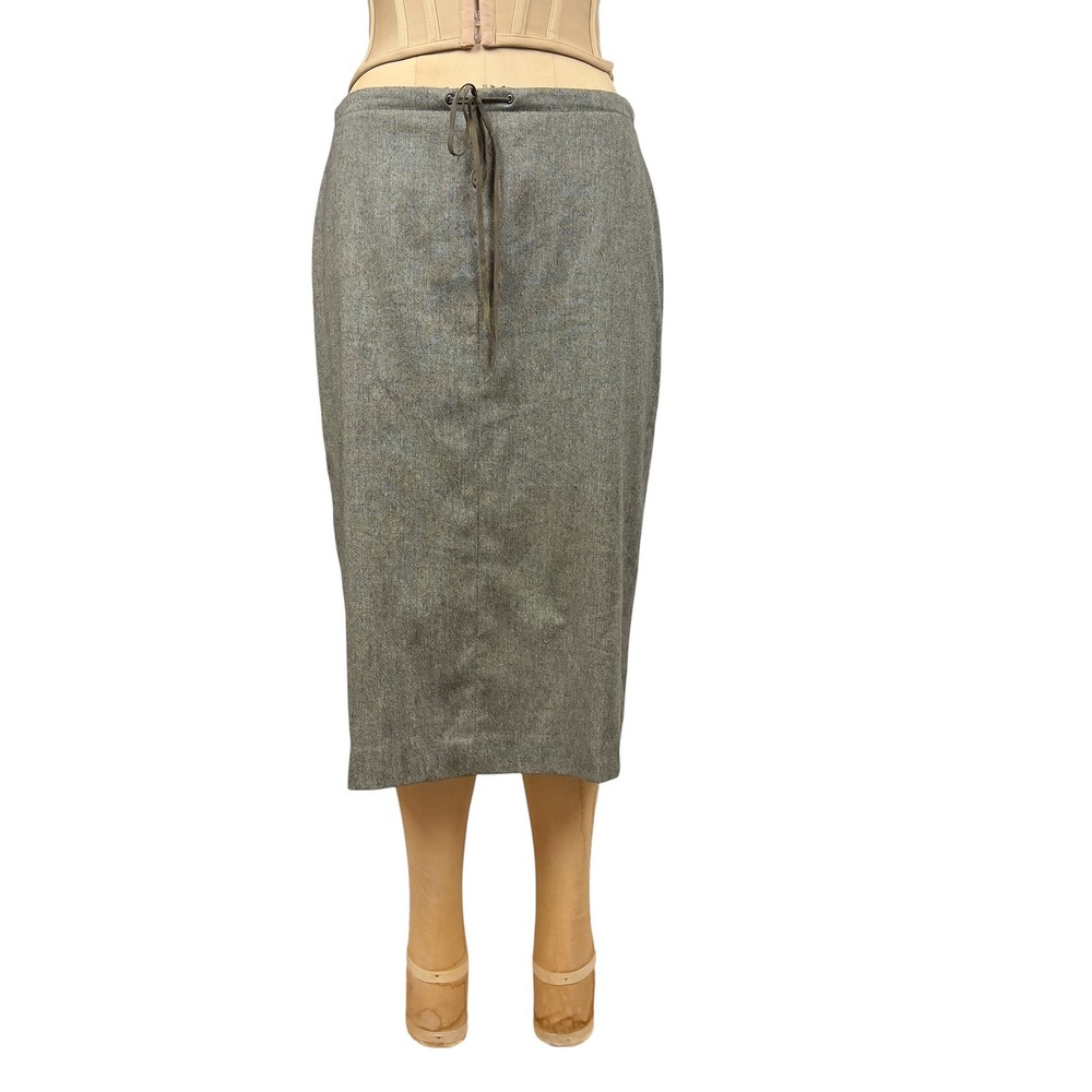 Y2K Office Siren Grey Wool Pencil Skirt Drawstring Waist Herringbone Midi Size 4